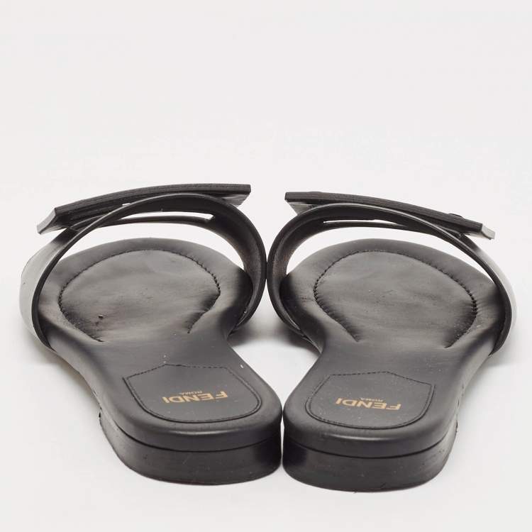 Pre Owned Fendi Black Leather Logo Flat Slides Size 36.5