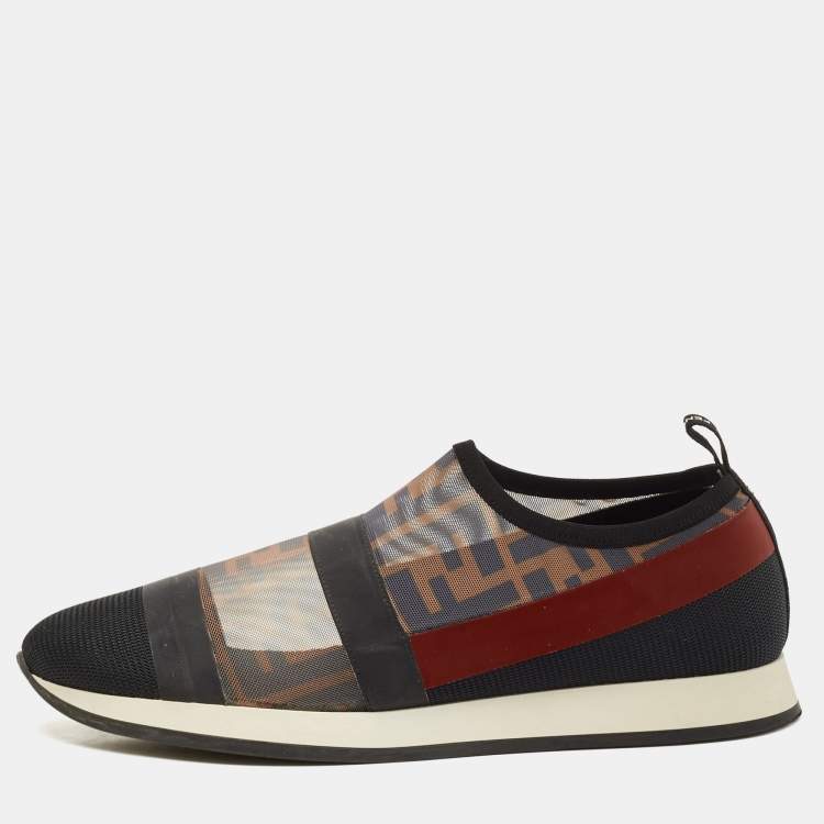 Pre Owned Fendi Multicolor Zucca Mesh And Leather Colibri Slip On Sneakers Size 39