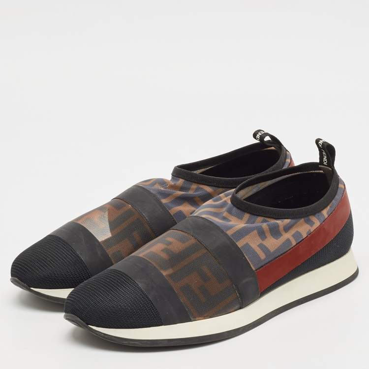 Pre Owned Fendi Multicolor Zucca Mesh And Leather Colibri Slip On Sneakers Size 39
