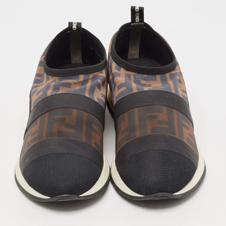 Pre Owned Fendi Multicolor Zucca Mesh And Leather Colibri Slip On Sneakers Size 39