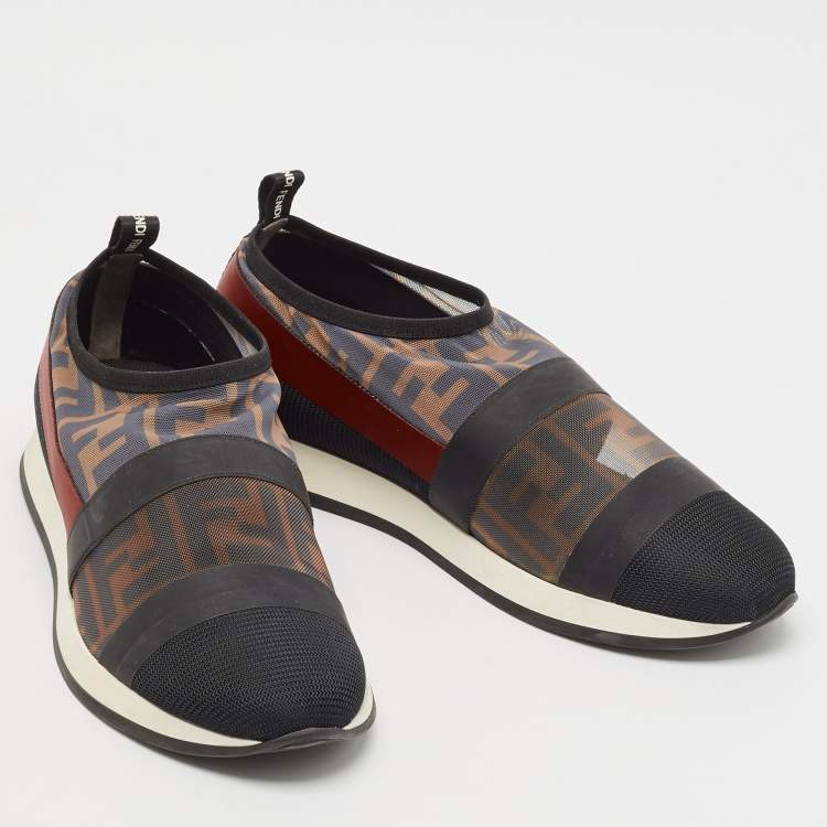 Pre Owned Fendi Multicolor Zucca Mesh And Leather Colibri Slip On Sneakers Size 39
