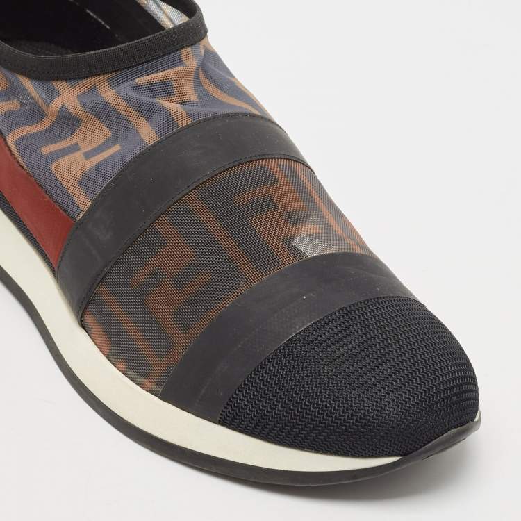 Pre Owned Fendi Multicolor Zucca Mesh And Leather Colibri Slip On Sneakers Size 39