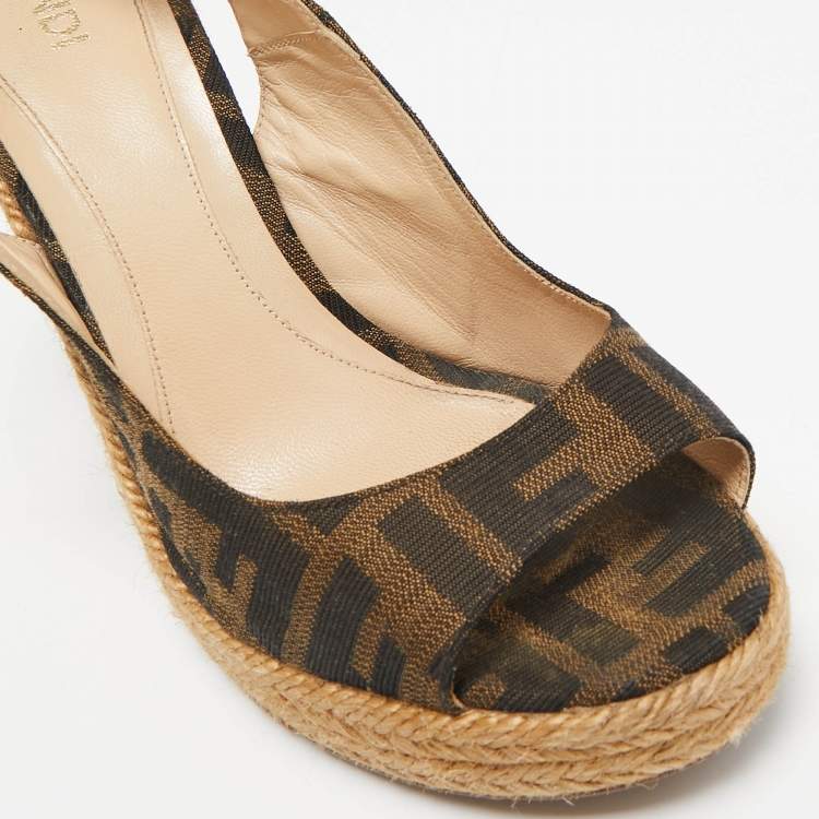 Pre Owned Fendi Brown Canvas Wedge Espadrille Sandals Size 36