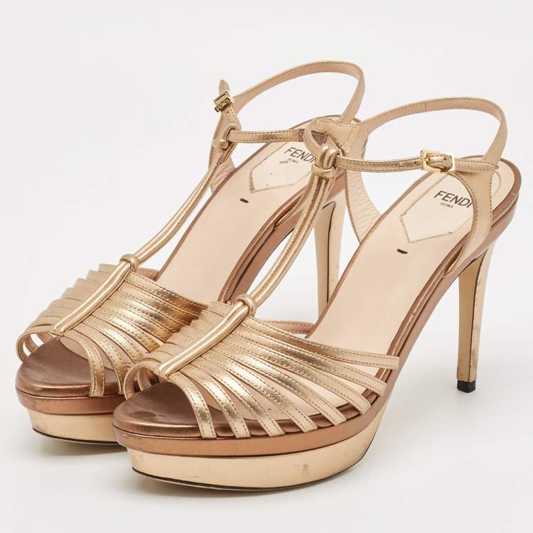 مملوكة مسبقًا Fendi Gold/Bronze Leather Strappy T-Bar Platform Sandals Size 39