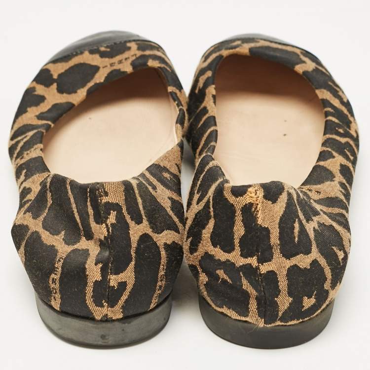 Pre Owned Fendi Brown/Black Patent Leather And Canvas Leopard Print Cap Toe Ballet Flats Size 39