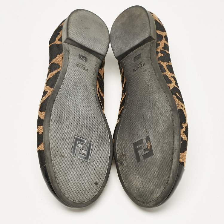 Pre Owned Fendi Brown/Black Patent Leather And Canvas Leopard Print Cap Toe Ballet Flats Size 39