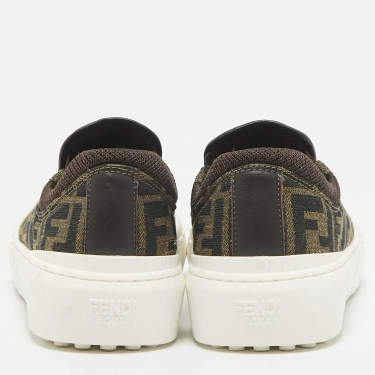 Pre Owned Fendi Brown Canvas and Fabric FF Slip On Sneakers Size 37