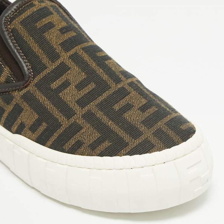 Pre Owned Fendi Brown Canvas and Fabric FF Slip On Sneakers Size 37