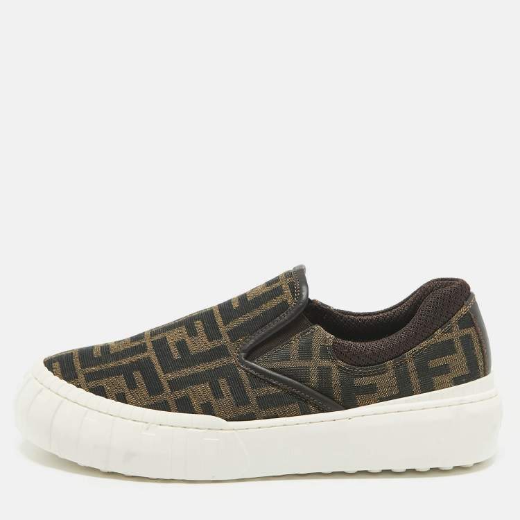 Pre Owned Fendi Brown Canvas and Fabric FF Slip On Sneakers Size 37