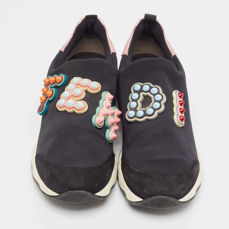 Pre Owned Fendi Multicolor Fabric and Leather Stud Embellished Slip On Sneakers Size 40