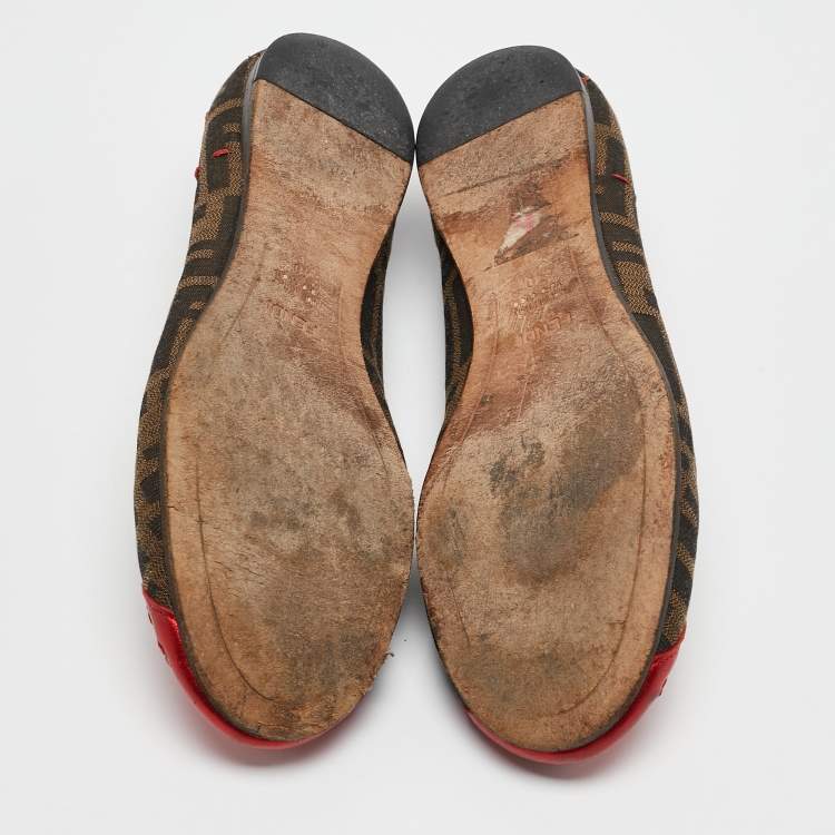 Pre Owned Fendi Brown/Red Zucca Canvas and Leather Heart Cap Toe Ballet Flats Size 40