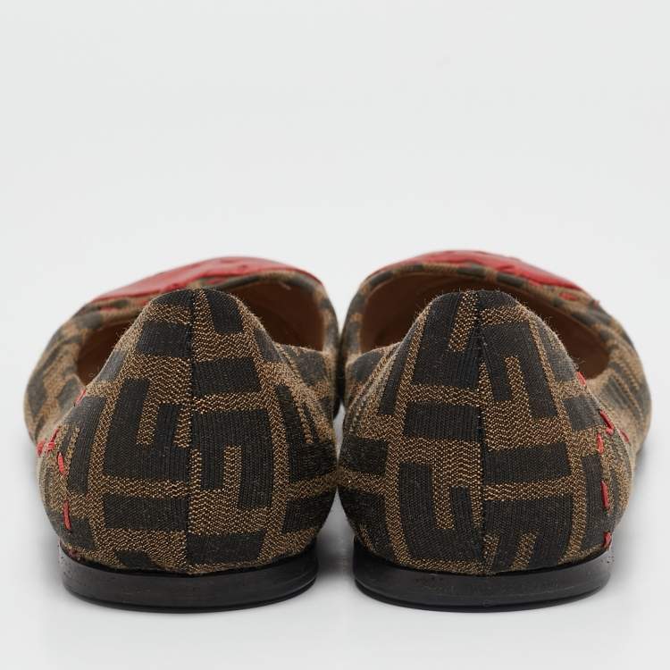 Pre Owned Fendi Brown/Red Zucca Canvas and Leather Heart Cap Toe Ballet Flats Size 40