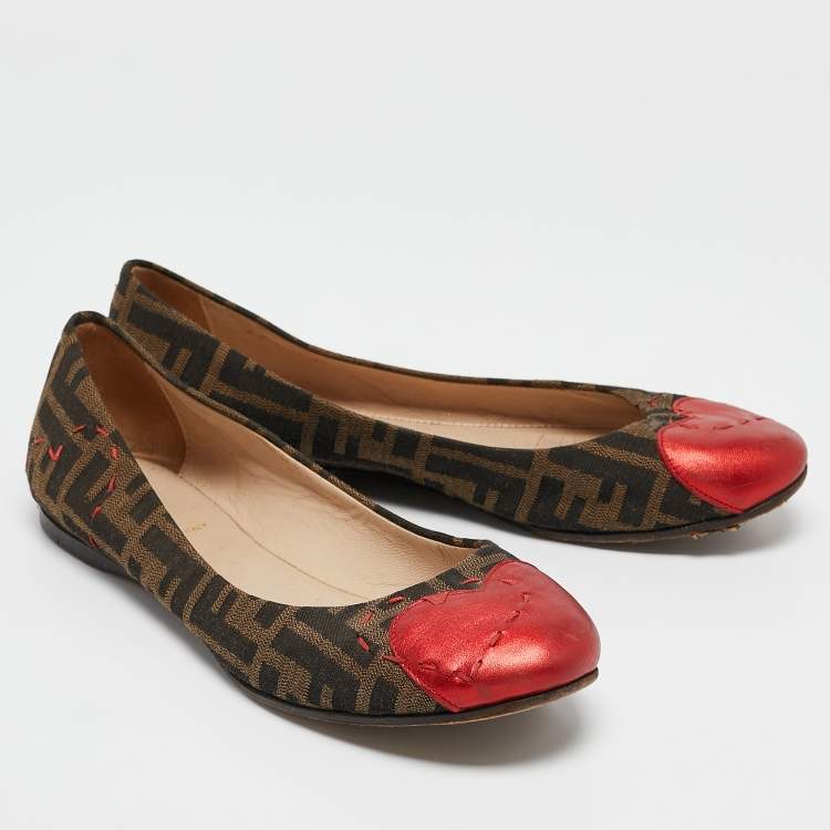 Pre Owned Fendi Brown/Red Zucca Canvas and Leather Heart Cap Toe Ballet Flats Size 40