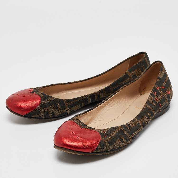 Pre Owned Fendi Brown/Red Zucca Canvas and Leather Heart Cap Toe Ballet Flats Size 40
