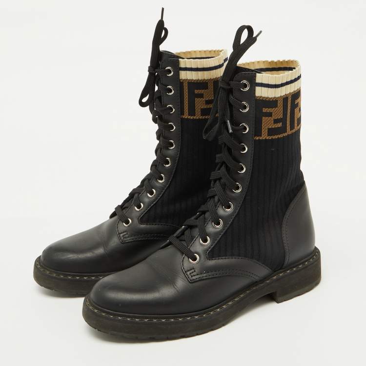 Pre Owned Fendi Black Leather and Zucca Stretch Fabric Rockoko Combat Boots Size 35.5