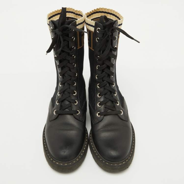 Pre Owned Fendi Black Leather and Zucca Stretch Fabric Rockoko Combat Boots Size 35.5