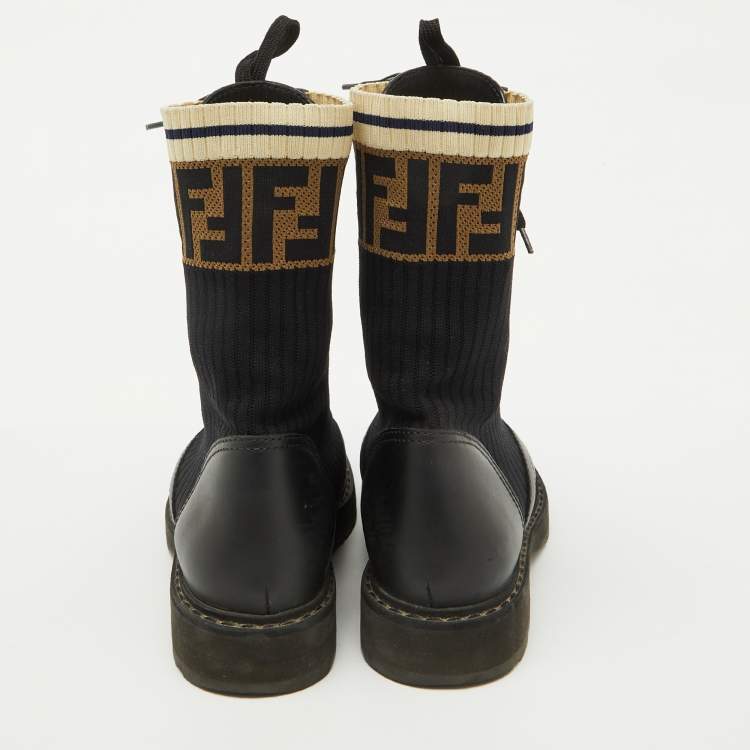 Pre Owned Fendi Black Leather and Zucca Stretch Fabric Rockoko Combat Boots Size 35.5
