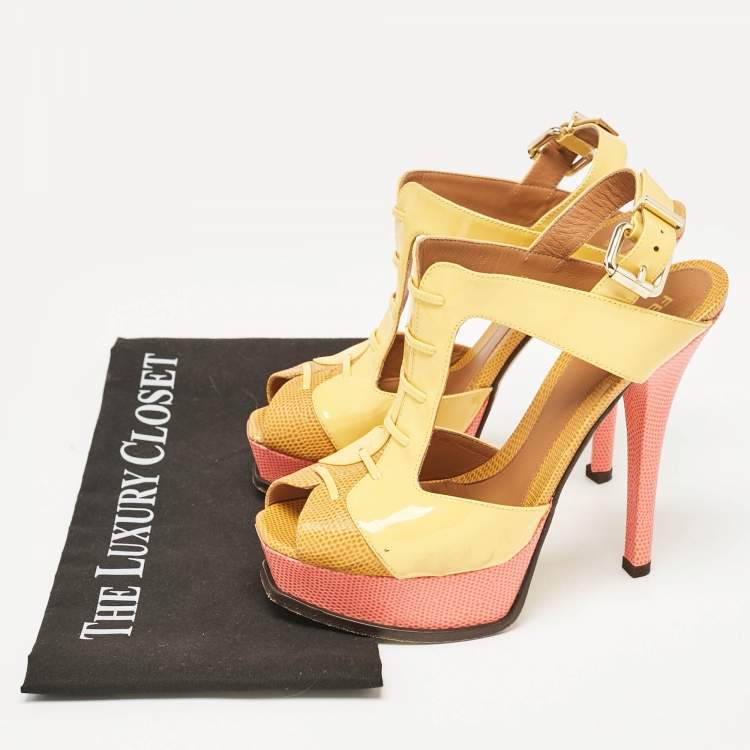 Pre Owned Fendi Yellow Lizard Embossed Leather and Patent Leather Fendista Platform Sandals Size 38.5
