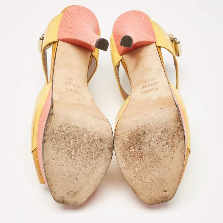 Pre Owned Fendi Yellow Lizard Embossed Leather and Patent Leather Fendista Platform Sandals Size 38.5