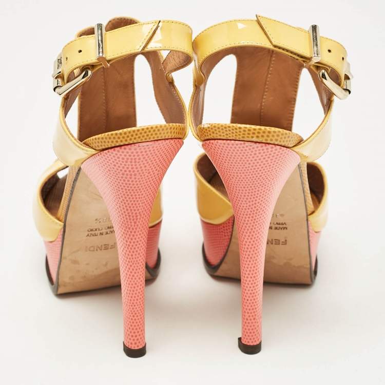 Pre Owned Fendi Yellow Lizard Embossed Leather and Patent Leather Fendista Platform Sandals Size 38.5
