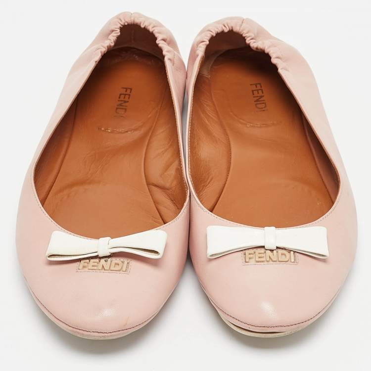 Pre Owned Fendi Beige Leather Let's Dance Bow Ballet Flats Size 38