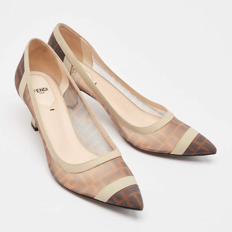 Pre Owned Fendi Brown/Beige Zucca Mesh and Leather Colibri Pointed Toe Pumps Size 40