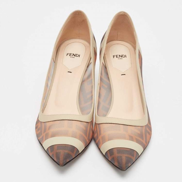 Pre Owned Fendi Brown/Beige Zucca Mesh and Leather Colibri Pointed Toe Pumps Size 40