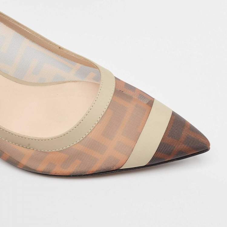 Pre Owned Fendi Brown/Beige Zucca Mesh and Leather Colibri Pointed Toe Pumps Size 40