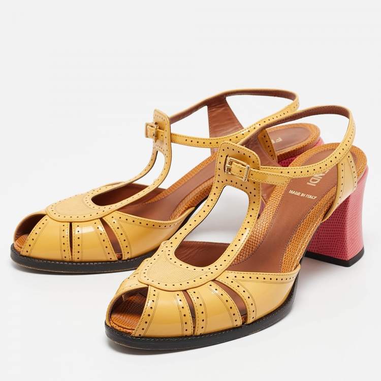 Pre Owned Fendi Yellow Patent Leather Chameleon Block Heel Sandals Size 40.5 