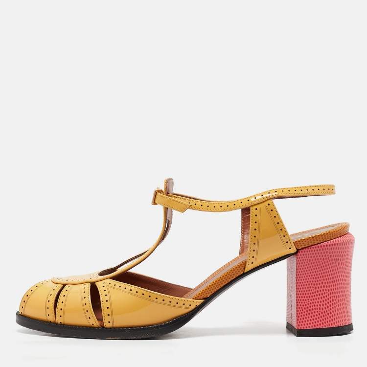 Pre Owned Fendi Yellow Patent Leather Chameleon Block Heel Sandals Size 40.5 