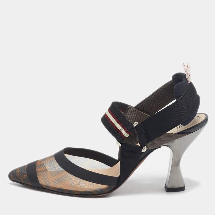 Pre Owned Fendi Black Zucca Mesh and Fabric Colibri Slingback Pumps Size 37