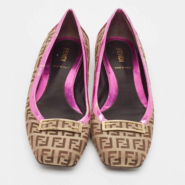 Pre Owned Fendi Brown/Pink Zucca Canvas and Leather Logo Ballet Flats Size 36