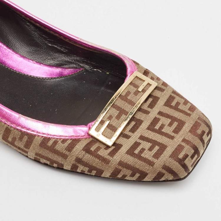 Pre Owned Fendi Brown/Pink Zucca Canvas and Leather Logo Ballet Flats Size 36