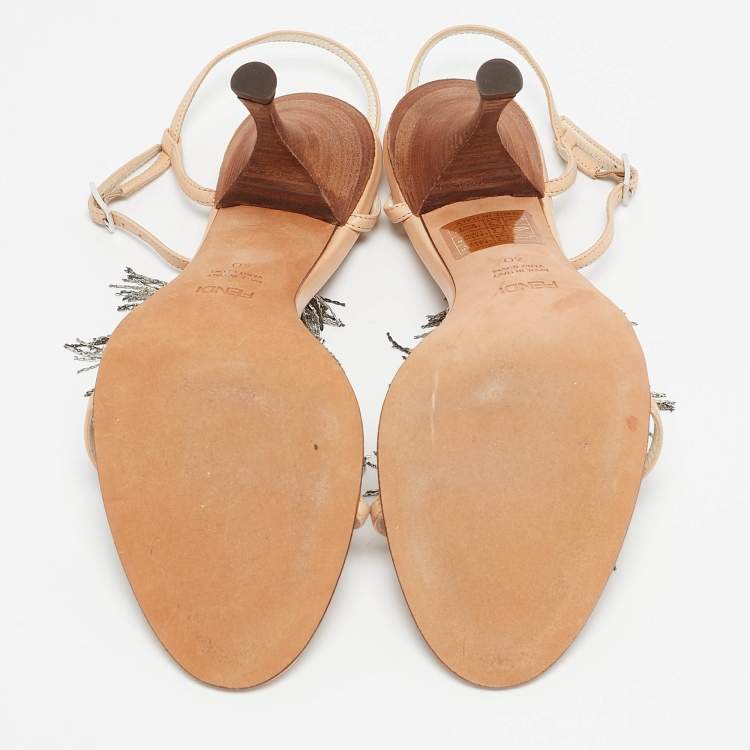 Pre Owned Fendi Beige Leather Embellished Ankle Strap Sandals Size 40