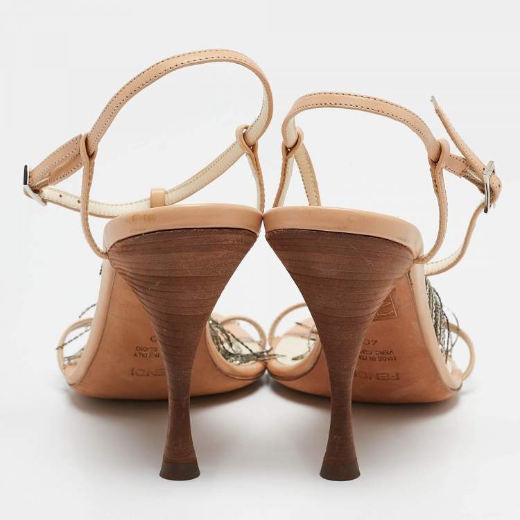 Pre Owned Fendi Beige Leather Embellished Ankle Strap Sandals Size 40