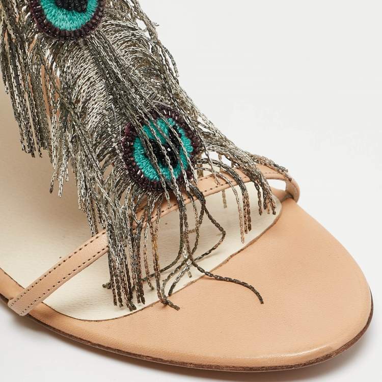 Pre Owned Fendi Beige Leather Embellished Ankle Strap Sandals Size 40