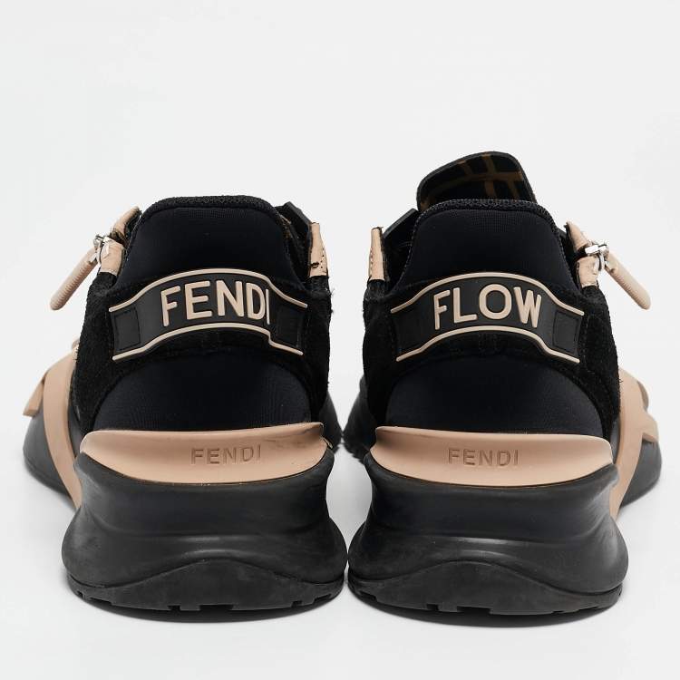 Pre Owned Fendi Black/Beige Mesh and Leather Flow Sneakers Size 41