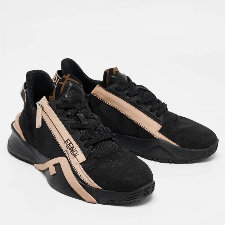 Pre Owned Fendi Black/Beige Mesh and Leather Flow Sneakers Size 41