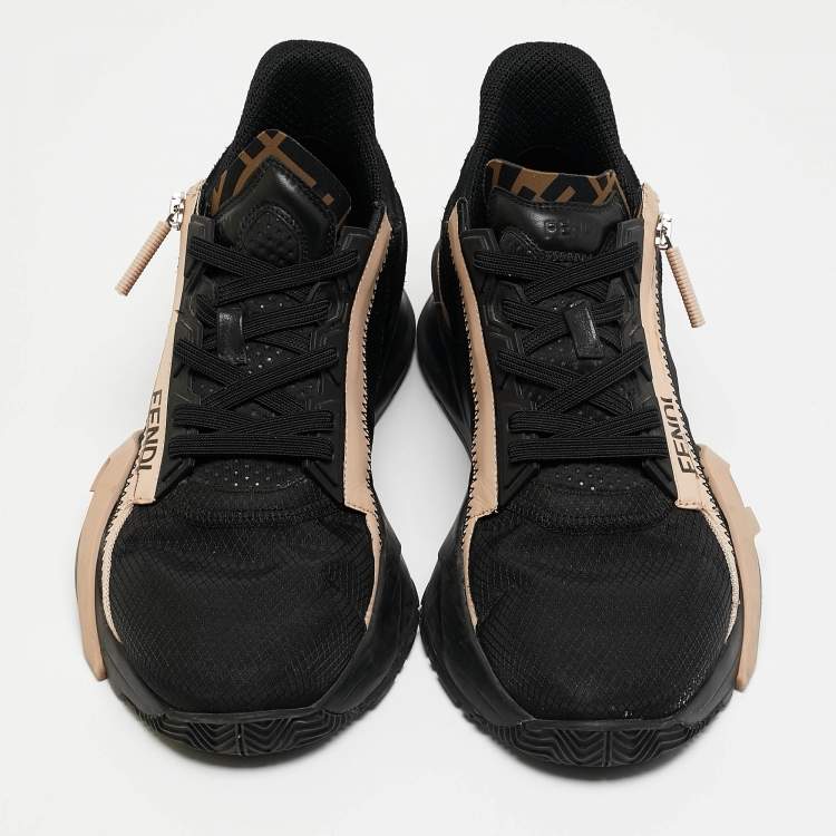 Pre Owned Fendi Black/Beige Mesh and Leather Flow Sneakers Size 41