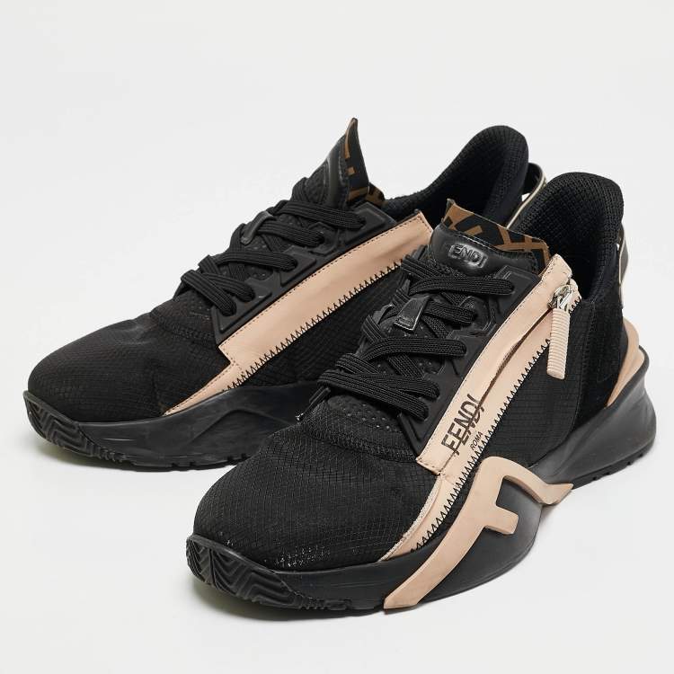 Pre Owned Fendi Black/Beige Mesh and Leather Flow Sneakers Size 41