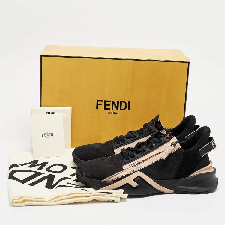 Pre Owned Fendi Black/Beige Mesh and Leather Flow Sneakers Size 41