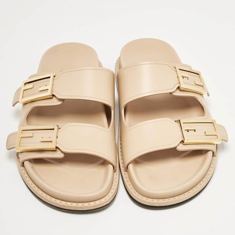 Pre Owned Fendi Beige Leather FF Buckle Flat Slides Size 37.5