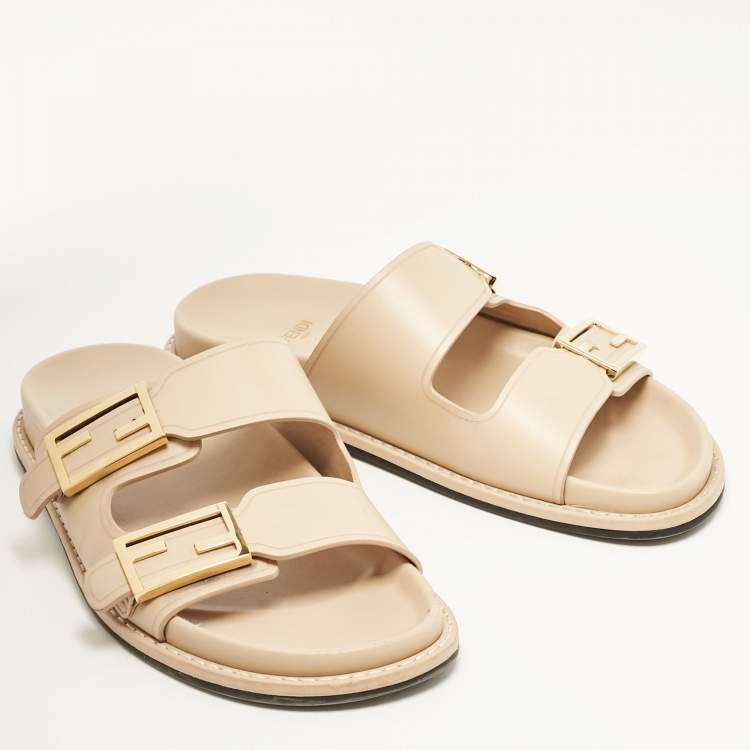 Pre Owned Fendi Beige Leather FF Buckle Flat Slides Size 37.5