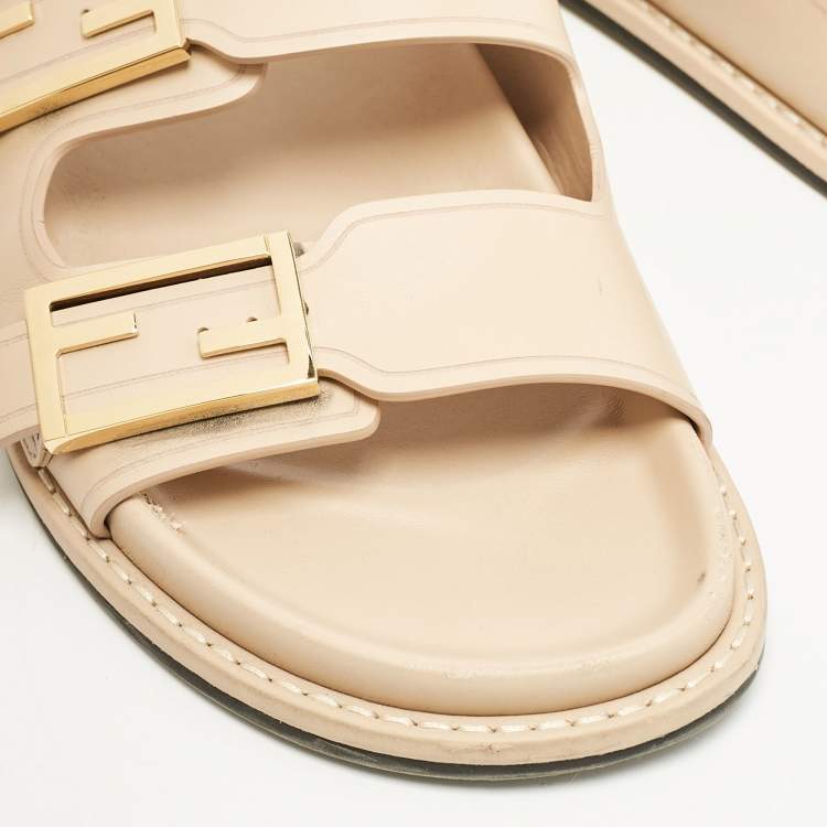 Pre Owned Fendi Beige Leather FF Buckle Flat Slides Size 37.5
