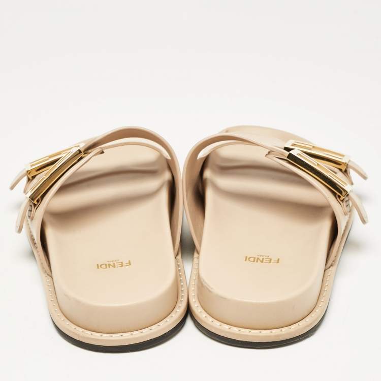 Pre Owned Fendi Beige Leather FF Buckle Flat Slides Size 37.5