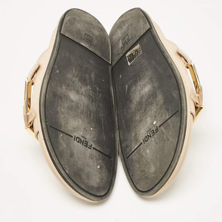 Pre Owned Fendi Beige Leather FF Buckle Flat Slides Size 37.5