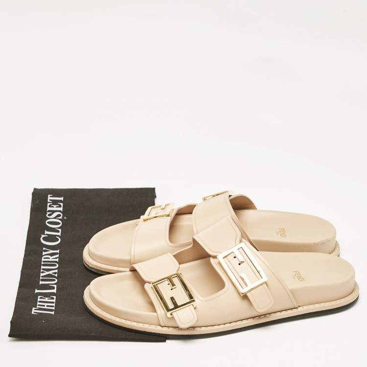 Pre Owned Fendi Beige Leather FF Buckle Flat Slides Size 37.5