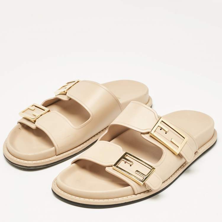 Pre Owned Fendi Beige Leather FF Buckle Flat Slides Size 37.5