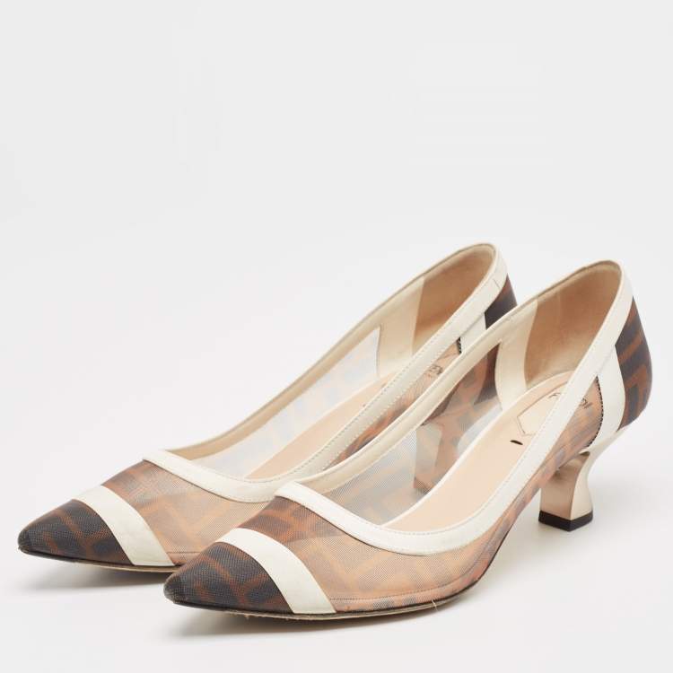 Pre Owned Fendi Brown/White Zucca Mesh and Leather Colibri Pumps Size 37.5