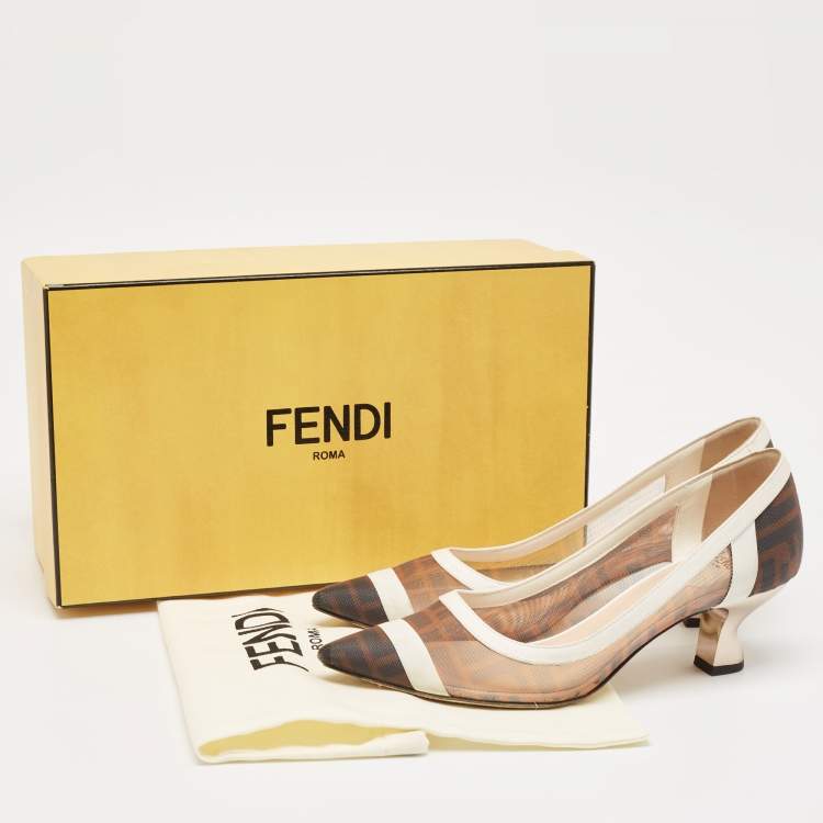 Pre Owned Fendi Brown/White Zucca Mesh and Leather Colibri Pumps Size 37.5